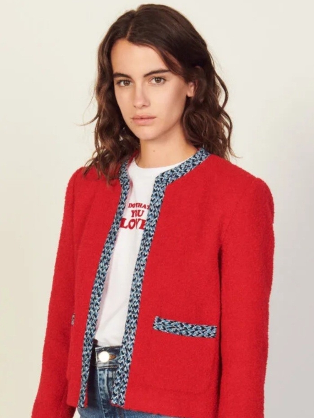 TALBOTS Tweed Jacket Blazer Tipped Red Collarless Contrast Trim Size 8 Petite